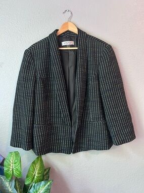 Kasper Black Blazer with White and Blue Pinstripe Dot Pattern